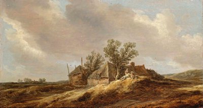 Uma extensa paisagem dunar com camponeses a descansar em frente a uma casa de campo de Jan van Goyen