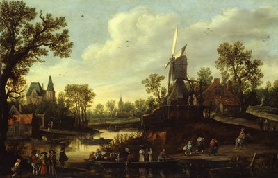 Alemão: Flusslandschaft mit Fähre Paisagem fluvial com um ferry de Jan van Goyen