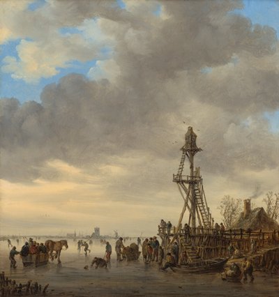 Cena de gelo perto de uma torre de observação de madeira de Jan van Goyen