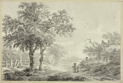 Homem e rapaz a caminhar pela estrada da aldeia de Jan van Goyen