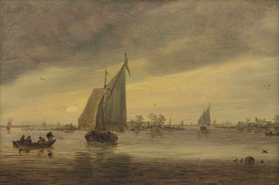 Nascer do sol sobre o Haarlemmermeer com um navio e outros barcos de Jan van Goyen