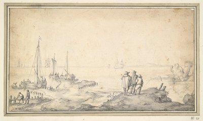 Três figuras numa Duna com vista para a Baía com Navios de Jan van Goyen