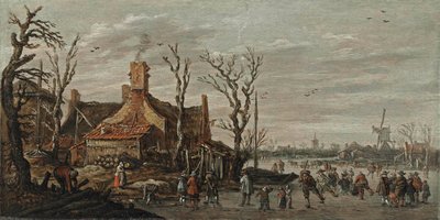 Paisagem de inverno com figuras no gelo perto de uma casa de campo de Jan van Goyen