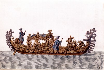 Uma gôndola real. Desenho aquarelado e tinta do manuscrito "Costumes dos Venicianos" de Jan van Grevenbroeck (ou Giovanni Grevembroch (Grevenbroch) (1731-1807) de Jan van Grevenbroeck