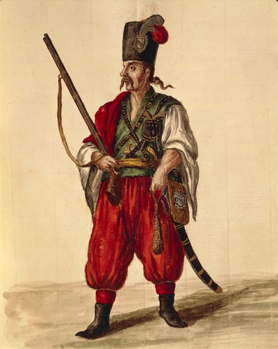 Uniforme carabineiros, de Jan van Grevenbroeck ou Giovanni Grevembroch (1731-1807), Gli Abiti de Veneziani, de livro ilustrado de fantasias, aguarela de Jan van Grevenbroeck