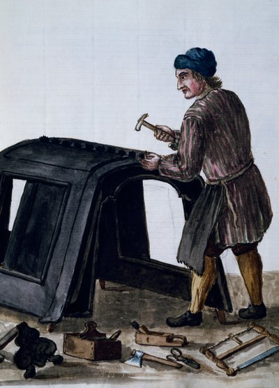Construtores de gôndolas, ilustração de Jan van Grevenbroeck (1731-1807) do manuscrito Dress of Venetians, Itália de Jan van Grevenbroeck