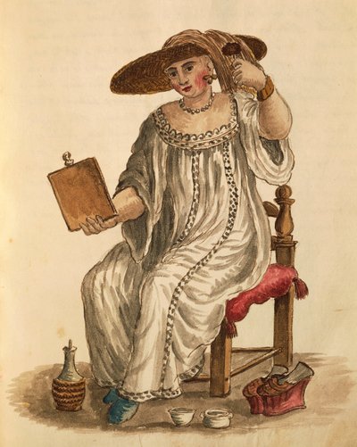 Lady putting on her make-up, de Jan van Grevenbroeck ou Giovanni Grevembroch (1731-1807), Gli Abiti de Veneziani, de livro ilustrado de fantasias, aguarela de Jan van Grevenbroeck