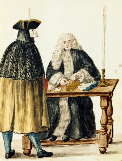 Magistrado jogando cartas com homem mascarado, por Jan Grevenbroeck (1731-1807), Itália de Jan van Grevenbroeck