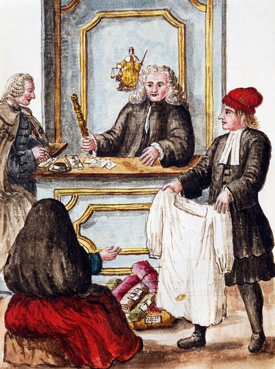 Loja de penhores, ilustração do livro Ilustrado de trajes venezianos, de Jan Grevenbroeck (1731-1807), aguarela, Itália de Jan van Grevenbroeck