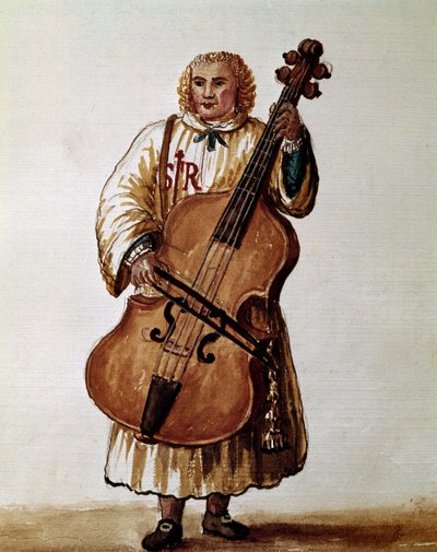 Músico de rua (músico errante) Desenho aquarelado e tinta do manuscrito "Costumes dos Venicianos" de Jan van Grevenbroeck (ou Giovanni Grevembroch (Grevenbroch) (1731-1807) de Jan van Grevenbroeck