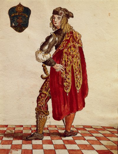 Fato de cavaleiro da Confraria de la Calza (meia) em 1564, de Jan van Grevenbroeck ou Giovanni Grevembroch (1731-1807), Gli Abiti de Veneziani, do livro ilustrado de fantasias, aguarela de Jan van Grevenbroeck