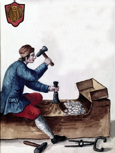 O fabrico de moedas da República de Veneza: fase da cunhagem. Desenho aquarelado e tinta do manuscrito "Costumes dos Venicianos" de Jan van Grevenbroeck (ou Giovanni Grevembroch (Grevenbroch) (1731-1807) de Jan van Grevenbroeck