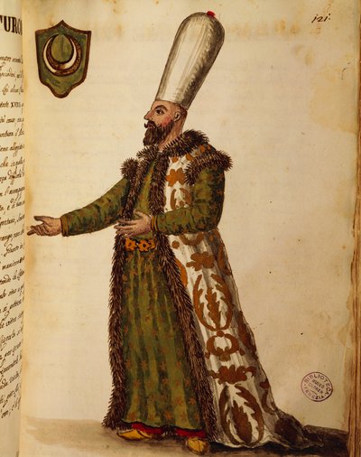 Embaixador turco em Veneza, gravura colorida de Giovanni di Grevembroch, de Gli abiti de veneziani (trajes de venezianos), volume II, placa 121 de Jan van Grevenbroeck