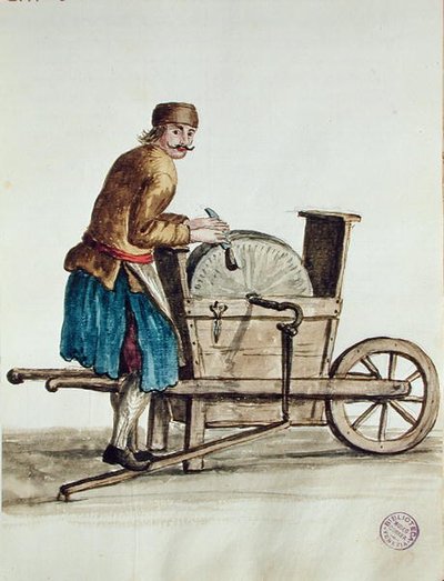 Knifegrinder veneziano (caneta, tinta e wc no papel) de Jan van Grevenbroeck
