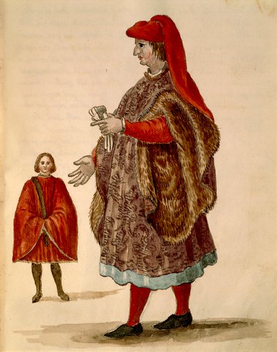 Senador veneziano usando "Dogalina", túnica formal com mangas largas, de Jan van Grevenbroeck ou Giovanni Grevembroch (1731-1807), Gli Abiti de Veneziani, de livro ilustrado de fantasias, aguarela de Jan van Grevenbroeck