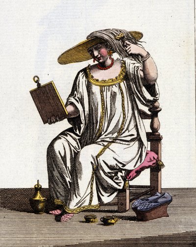 O método das mulheres venezianas para clarear o cabelo ao sol nos séculos XVII - XVIII. Desenho aquarelado e tinta do manuscrito "Costumes dos Venicianos" de Jan van Grevenbroeck (ou Giovanni Grevembroch (Grevenbroch) (1731-1807) de Jan van Grevenbroeck