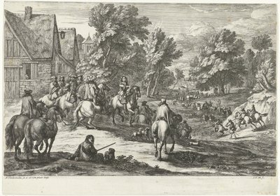 Vista de uma aldeia com cavaleiros em primeiro plano de Jan van Huchtenburg