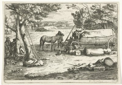 Paisagem com carroça e figuras de Jan van Huchtenburg