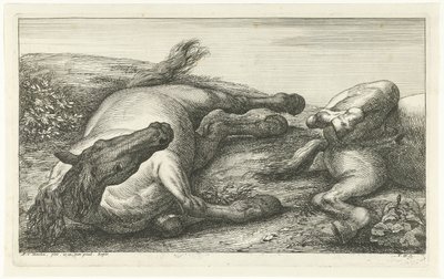 Dois cavalos caídos, o esquerdo visto de frente Cavalos Mortos (título da série) de Jan van Huchtenburg