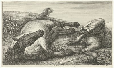 Dois cavalos caídos, o esquerdo visto de frente Cavalos Mortos (título da série) de Jan van Huchtenburg