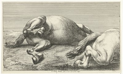 Dois cavalos caídos, o direito visto de lado Cavalos Mortos (título da série) de Jan van Huchtenburg