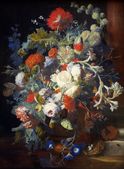 Bouquet de Flores numa Coluna - Jan van Huysum (1682-1749). Óleo sobre madeira, primeira metade do século XVIII. Dimensão : 80,2x60,3 cm. Museu de História da Arte, Vienne de Jan van Huysum