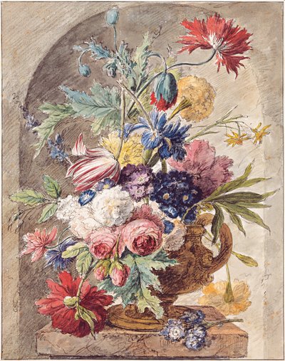 Holandês: Natureza morta de flores num vaso com orelha num pedestal num nicho Natureza morta de flores de Jan van Huysum