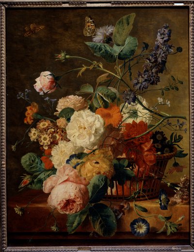 Cesto de flores com borboletas. Pintura de Jan Van Huysum (1682-1749) Ec. Hol. de Jan van Huysum