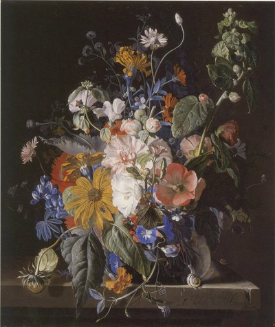 Natureza morta de flores e caracóis num parapeito de pedra de Jan van Huysum