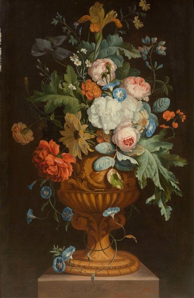 Flores num vaso de terracota sobre um pedestal de Jan van Huysum