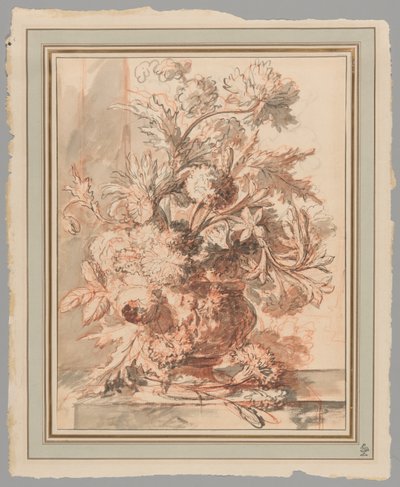 Flores numa urna decorada com putti, sobre um plinto de Jan van Huysum