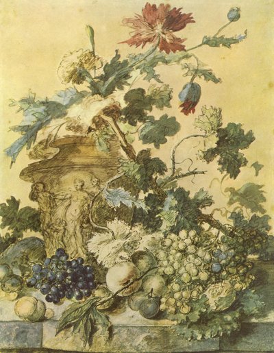 Flores numa urna decorada com figuras rodeadas de frutos sobre um plinto de Jan van Huysum
