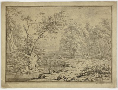 Paisagem com pastores pelo rio e homem a cavalo de Jan van Huysum