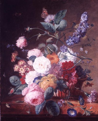 Rosas, Dália, Delphinium e outras Flores em Cesto de Mármore (óleo sobre tela) de Jan van Huysum