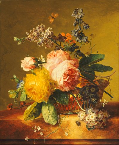 Rosas e outras flores em uma cesta em uma borda de mármore, c.1742 de Jan van Huysum