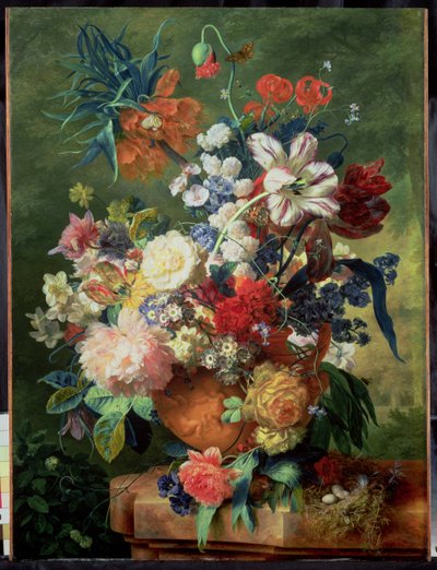 Ainda vida de flores e um ninho de pássaro em um pedestal de Jan van Huysum