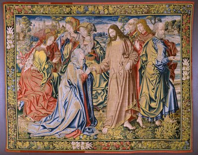 tapeçaria flamenga. Série Céu de Carlos V. Cristo se despede de sua Mãe (Despedida de Cristo/Cristo se despede de sua mãe). O cartunista Jan van Coninxloo. Fabricação de Julien Portois, Mechelen (Malines). cerca de 1521. de Jan van II Coninxloo