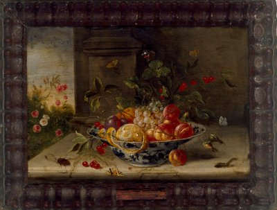 Composição decorativa de natureza morta com tigela de porcelana, frutas e insetos, meados do séc. de Jan van Kessel