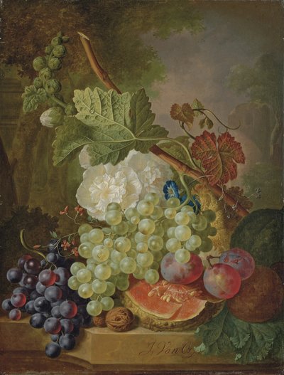 Flores, uvas, ameixas, nozes e um melão num parapeito de pedra de Jan van Os