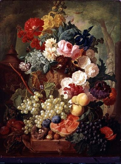Rosas, uma íris e uma papoila de Jan van Os