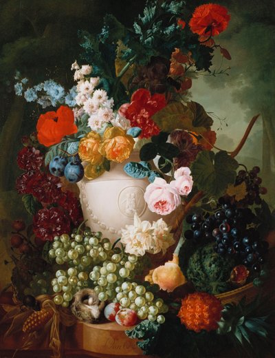 Rosas, papoulas e outras flores em um vaso esculpido com frutas, um rato e um ninho de pássaro em uma borda de pedra de Jan van Os