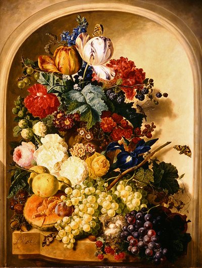 Natureza morta: flores e frutos (óleo sobre painel) de Jan van Os