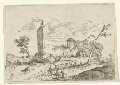 Paisagem com ruínas romanas e pastores de burros de Jan van Ossenbeeck (attributed to)