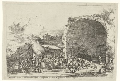 Festividades nas ruínas da caverna da ninfa Egeria
Prospetto e veduto a Cafarelle fuoro di porte S. Sebastiano, um cigano (título sobre o objecto) de Jan van Ossenbeeck