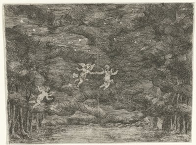 Decoração de palco com anjos no céu noturno de Jan van Ossenbeeck