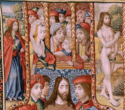 tapeçaria flamenga. Episódios da série de A Vida da Virgem. As profecias são cumpridas no nascimento de Cristo (cumprimento das profecias no nascimento do Filho de Deus). Primeira tapeçaria da série. Modelos atribuídos a Jan von Roome (ou van B de Jan van Roome