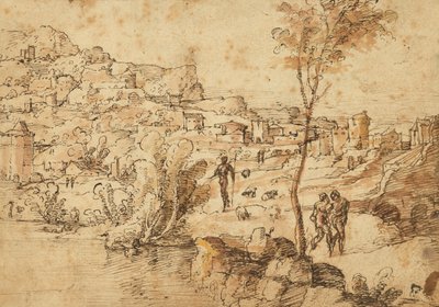 Paisagem com pastores à beira de um rio e uma cidade ao fundo (anverso); Estudos de figuras e ruínas romanas (verso) de Jan van Scorel