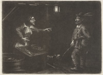 Vista nocturna com vendedor de peixe e homem a urinar de Jan van Somer