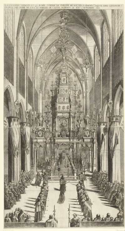 Lijkdienst voor Filips IV te Brussel, 1665
La chapelle ardente, et la pompe funebre de Philippe IIIe roy des Espaignes faicte dans le église de Ste. Gudule par ordre de s. exce. le marquis de Castel Rodrigo le 4e et 5e novembre 1665 (título sobre o object de Jan van Troyen