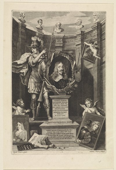 Retrato do Arquiduque Leopold William da Áustria como coleccionador de arte
Theatrum Pictorium (título da série)
Página de título para: David Teniers, Theatrum Pictorium, 1658 de Jan van Troyen